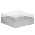 קופסת קרטון למארז עוגות – לבן מכסה פי וי סי 20/20/8 ס”מ