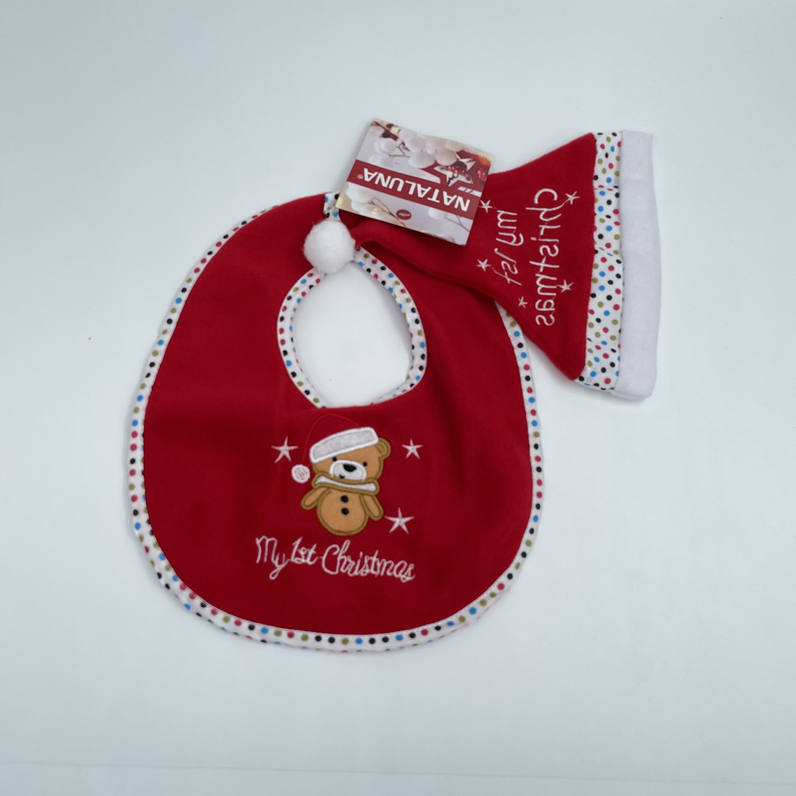 20099844-3C8F-4DD5-9BFB-F0D7897F091E طقم اطفال مريلة وقبعة اول كريسمس - الدب - الصورة 1