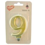 נר גדול ספרה 9 עם מעמד שחור - זהב מטאלי