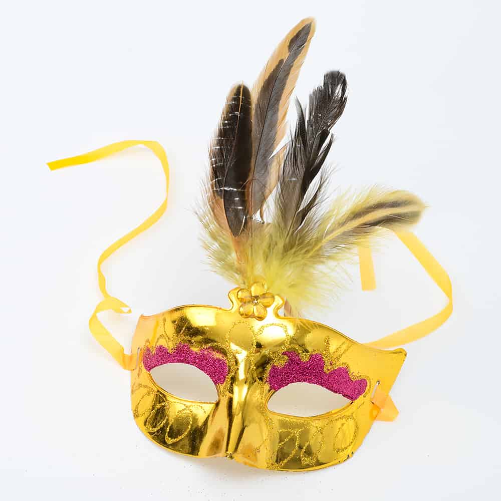 6955678120403 מסיכת נשף עם נוצה בצבע זהב – תמונה 1