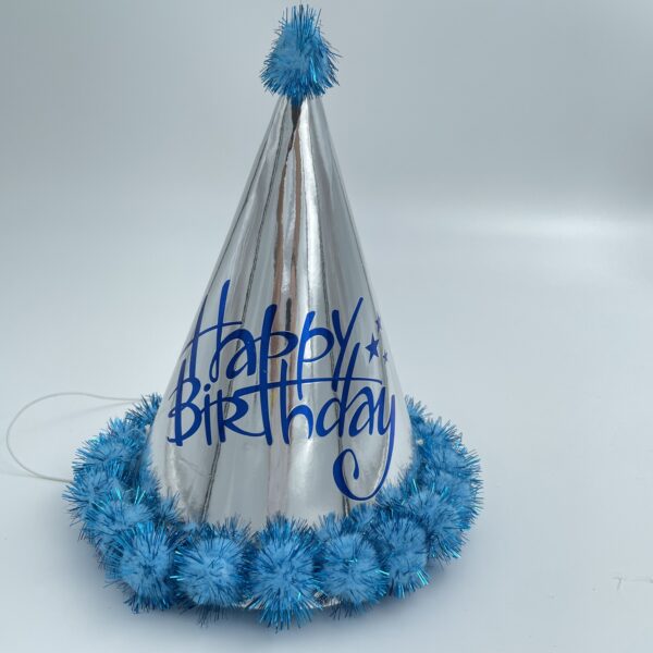 כובע Happy Birthday כסף עם פונפונים תכלת נצנץ
