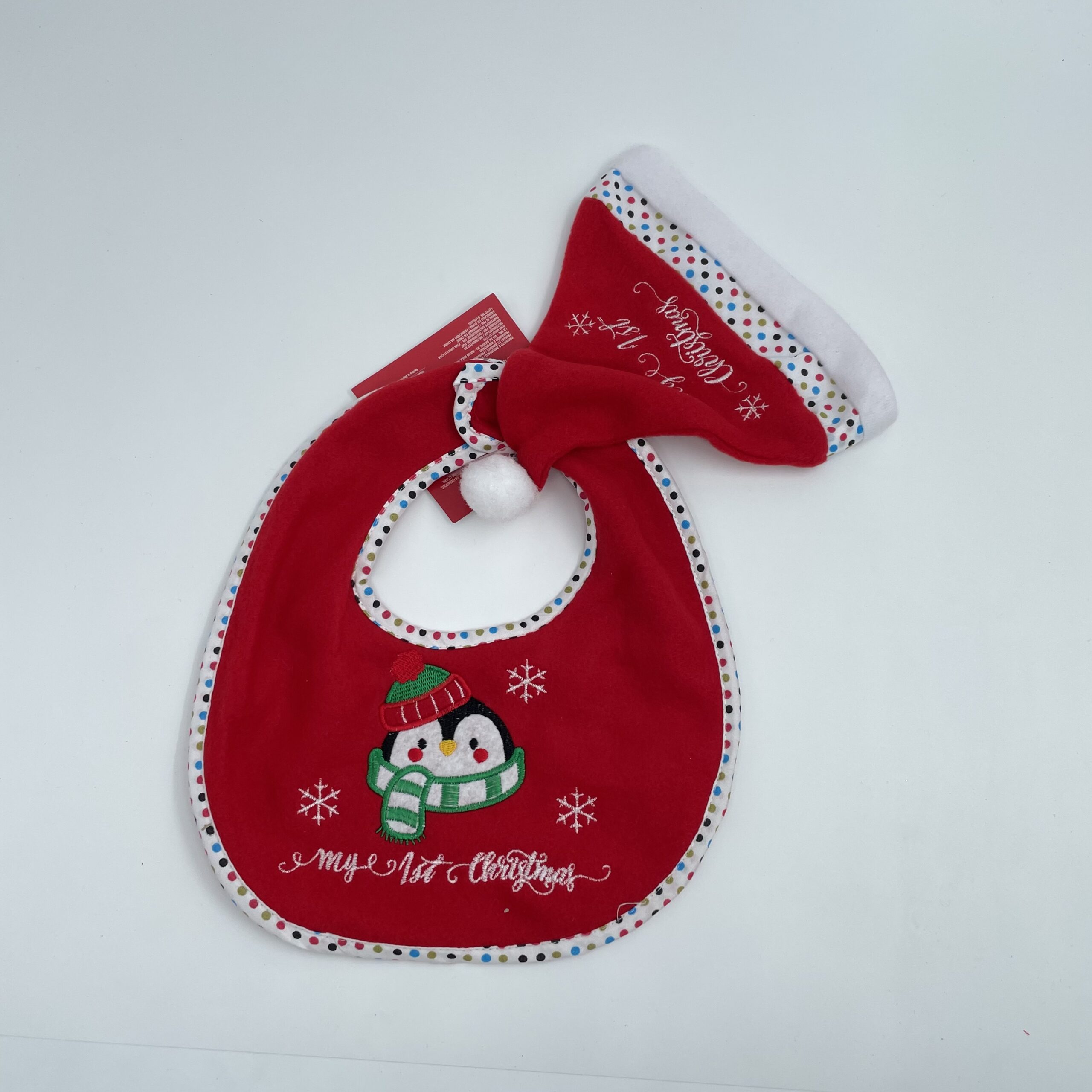 76275537-9C91-4575-B7CD-C841D72282AF طقم اطفال مريلة وقبعة اول كريسمس - البطريق - الصورة 1